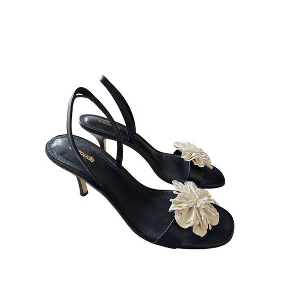 Larroudé Hibiscus Slingback Heel Sandals in Black Leather Flower Size 10 Heels - Picture 1 of 8